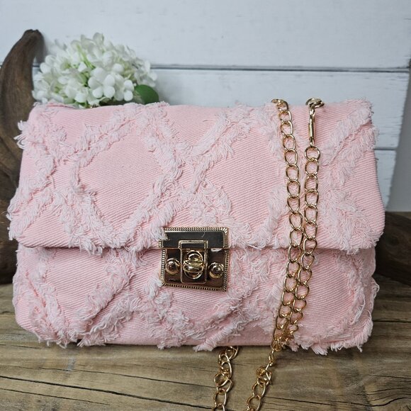 Pink Denim Patchwork Crossbody Chain Handbag Purse - Picture 1 of 5